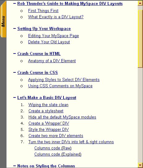 Rob Thunder's Guide to Making MySpace DIV Layouts - Table of Contents